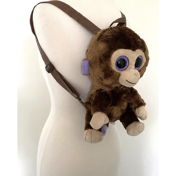 TY Brown Monkey Plush Kids Purple Eyes 100% Tysilk Adjustable Strap Backpack - Picture 2 of 7